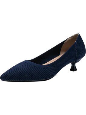 Women's Dark Blue Pointed Toe Knit Slip On Comfortable Kitten Heels Pump Shoes